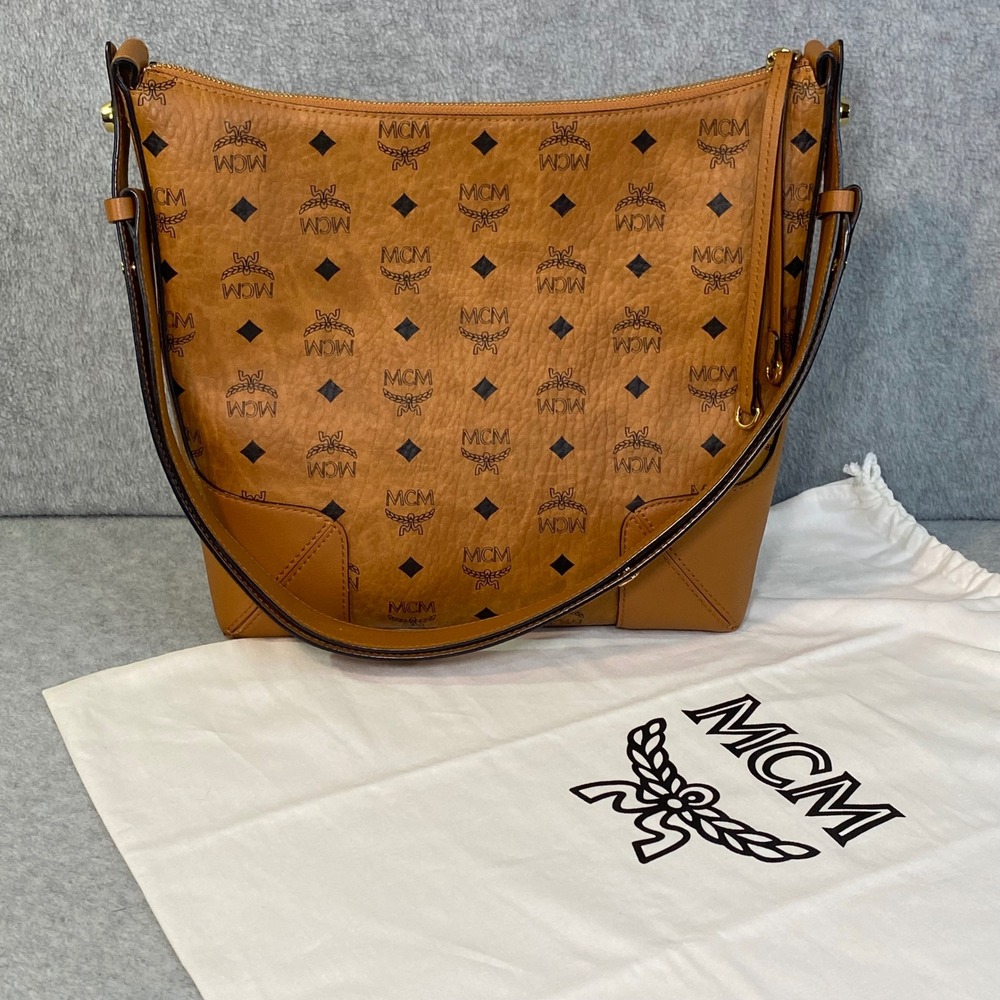 Discontinued MCM Klara Monogram Visetos Hobo Cognac Brown Leather Luxury FLAW